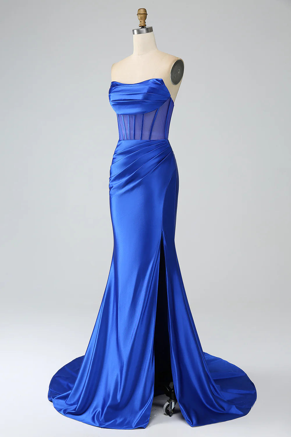 Amzcw Mermaid Strapless Pleated Corset Long Royal Blue Prom Dress with Slit
