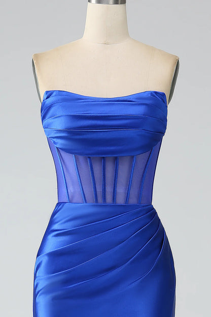 Amzcw Mermaid Strapless Pleated Corset Long Royal Blue Prom Dress with Slit