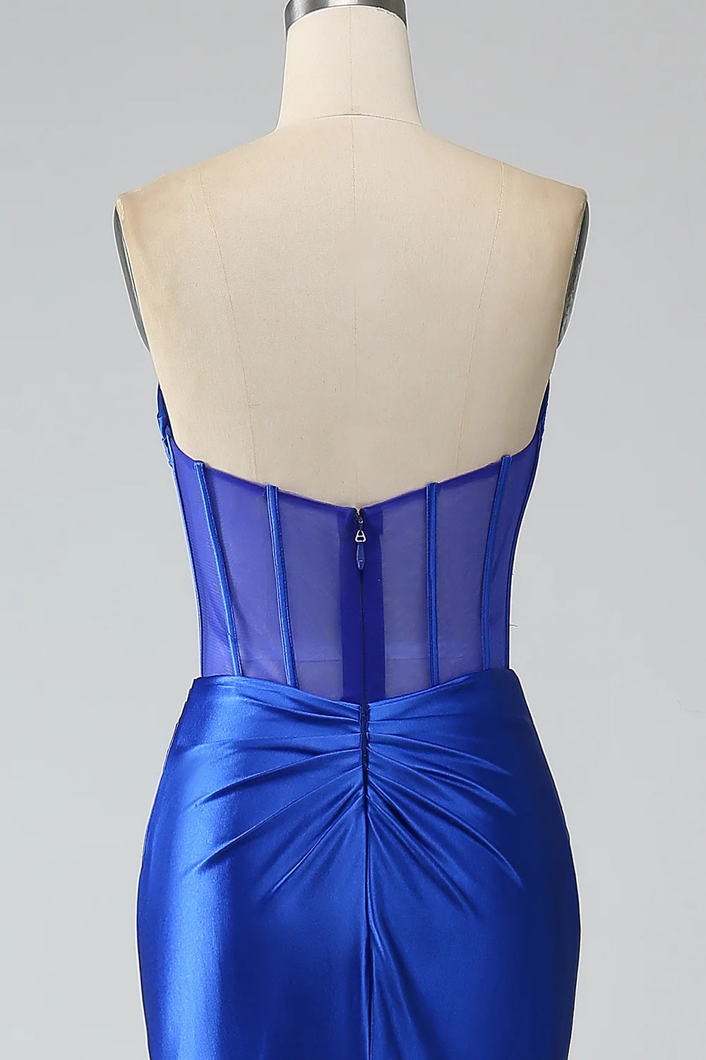 Amzcw Mermaid Strapless Pleated Corset Long Royal Blue Prom Dress with Slit