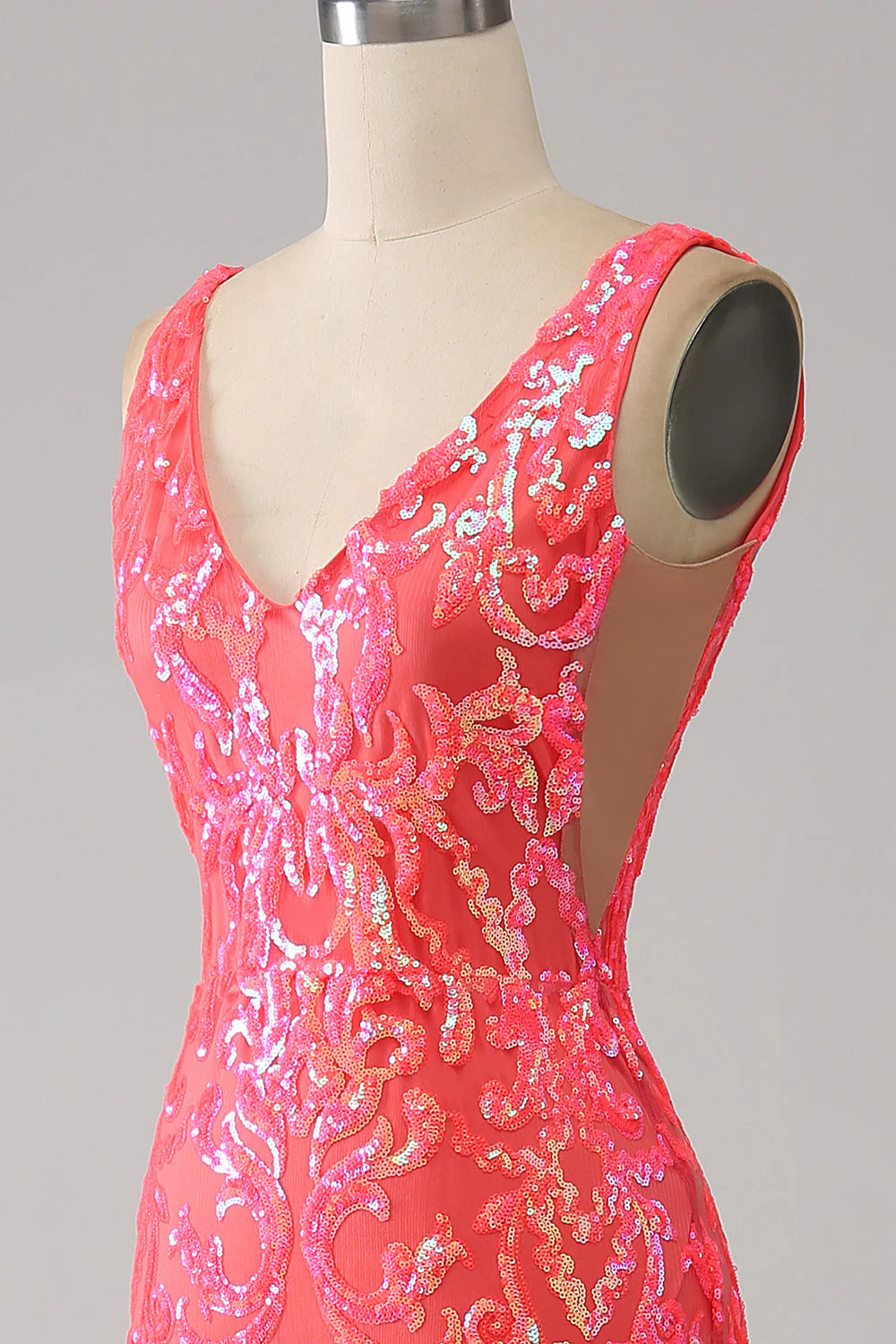 Amzcw Coral Charming Mermaid Deep V Neck Sparkly Sequin Prom Dress with Embroidery prom dresses with long sleeves