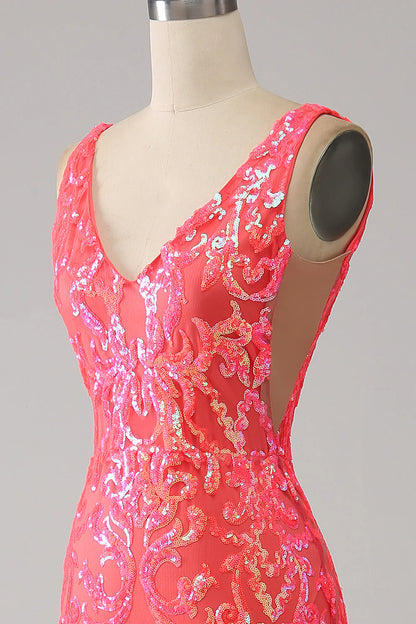 Amzcw Coral Charming Mermaid Deep V Neck Sparkly Sequin Prom Dress with Embroidery prom dresses with long sleeves