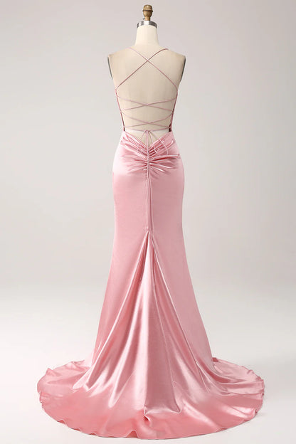 Amzcw Mermaid Spaghetti Straps Pleated Backless Long Blush Prom Dress prom dresses shops