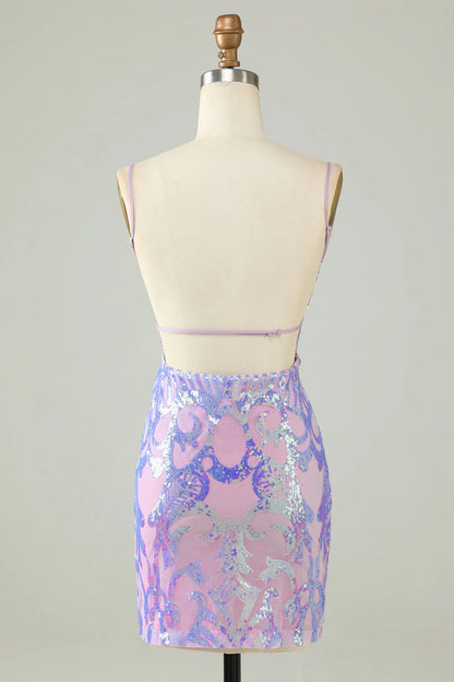 Amzcw Sparkly Purple Sheath Sequin Backless Tight Short Homecoming Dress