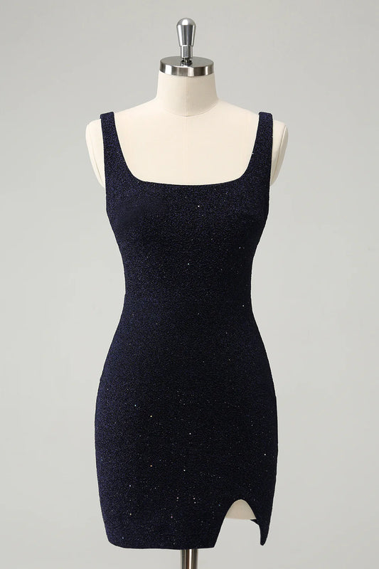 Amzcw Chic Dark Blue Bodycon Square Neck Short Homecoming Dress with Slit