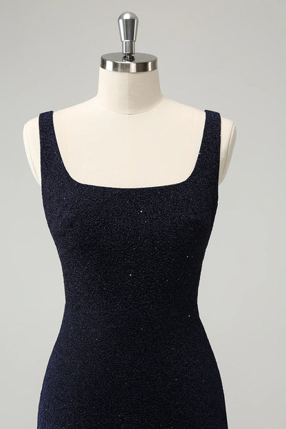 Amzcw Chic Dark Blue Bodycon Square Neck Short Homecoming Dress with Slit