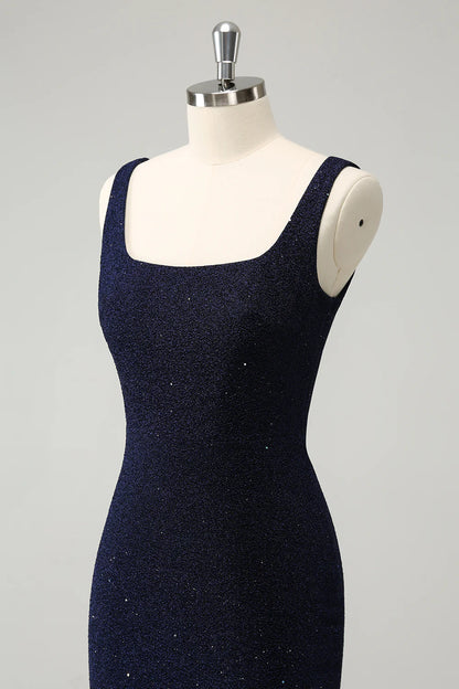 Amzcw Chic Dark Blue Bodycon Square Neck Short Homecoming Dress with Slit