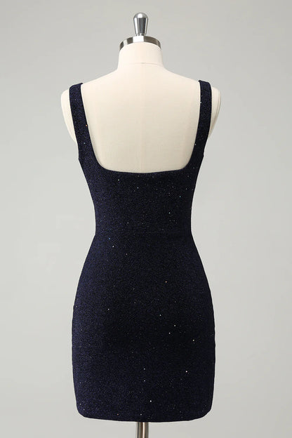 Amzcw Chic Dark Blue Bodycon Square Neck Short Homecoming Dress with Slit