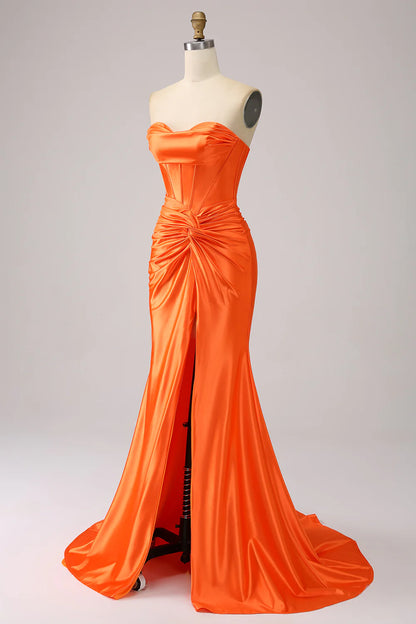 Amzcw Orange Mermaid Sweetheart Corset Pleated Long Prom Dress with Slit prom dresses shops