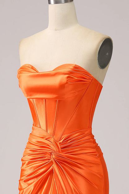 Amzcw Orange Mermaid Sweetheart Corset Pleated Long Prom Dress with Slit prom dresses shops