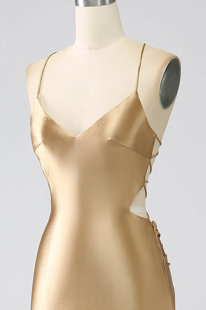 Amzcw Golden Mermaid Spaghetti Straps Satin Long Prom Dress with Lace-up Back prom dress with long sleeves