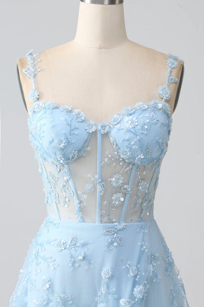 Amzcw Sparkly Blue A Line Spaghetti Straps Sequin Corset Long Prom Dress With Slit