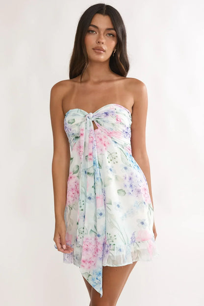 Watercolor Floral Print Strapless Knotted Keyhole Backless Ruffle Hem Mini Homecoming Dress