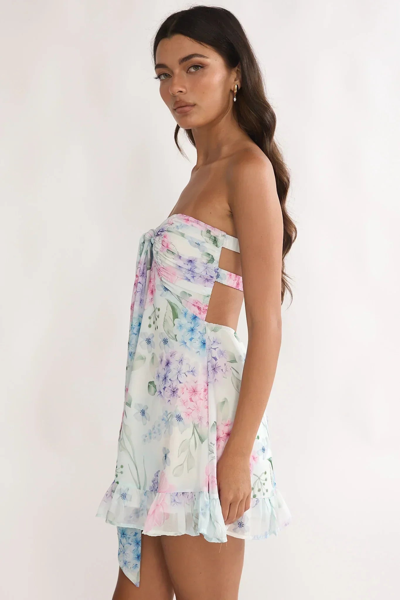 Watercolor Floral Print Strapless Knotted Keyhole Backless Ruffle Hem Mini Homecoming Dress