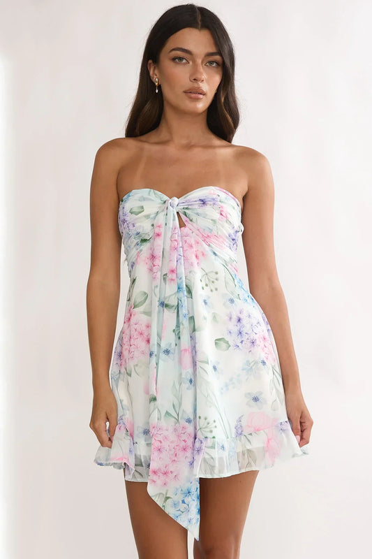 Watercolor Floral Print Strapless Knotted Keyhole Backless Ruffle Hem Mini Homecoming Dress