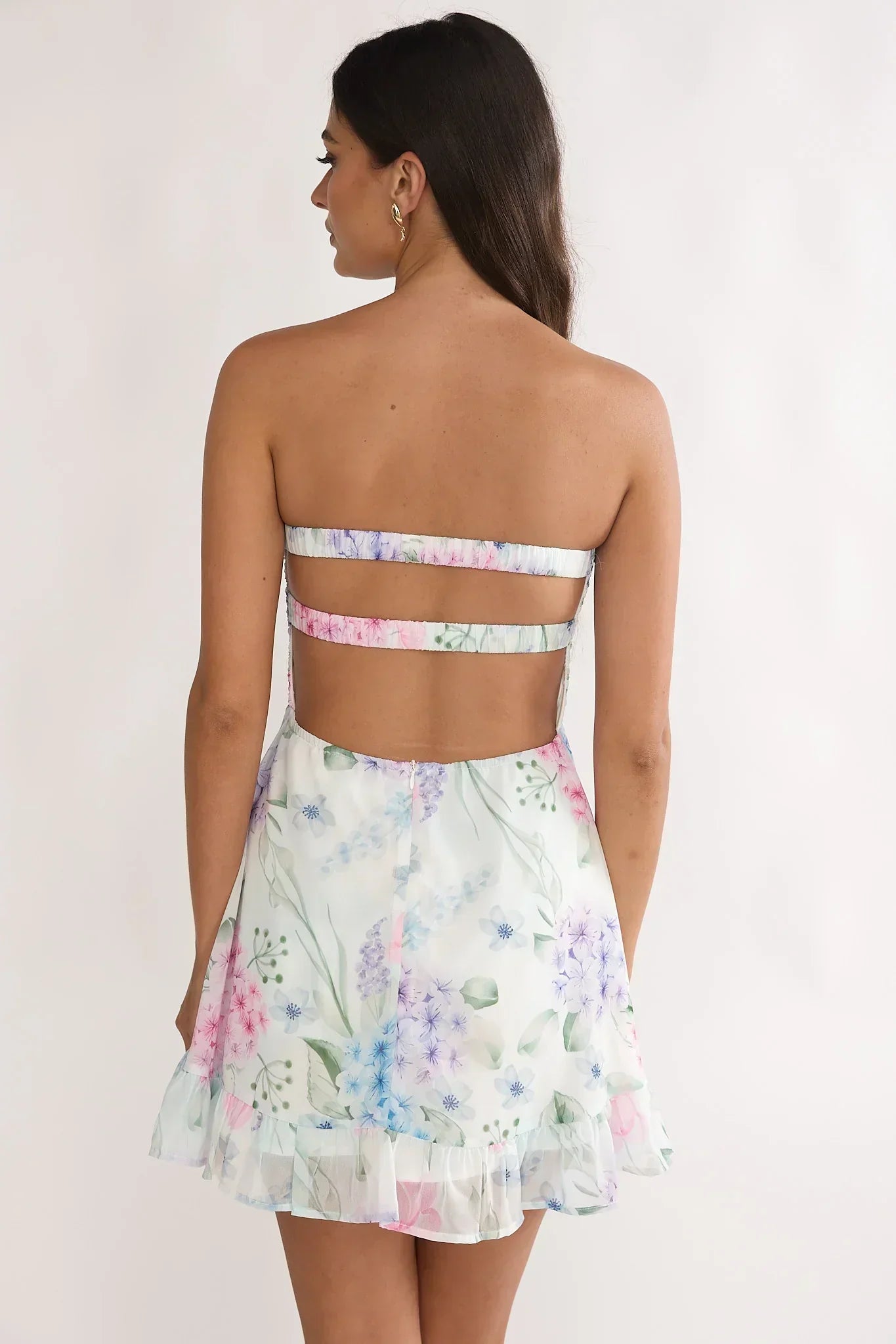 Watercolor Floral Print Strapless Knotted Keyhole Backless Ruffle Hem Mini Homecoming Dress