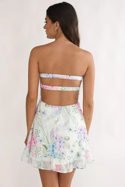 Watercolor Floral Print Strapless Knotted Keyhole Backless Ruffle Hem Mini Homecoming Dress