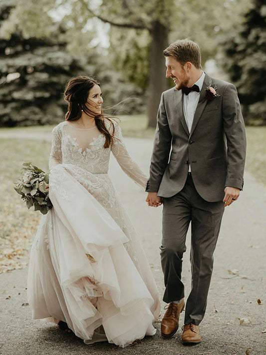 Vestidos de novia Línea A Escote redondo Mangas largas Tul con apliques Cremallera 