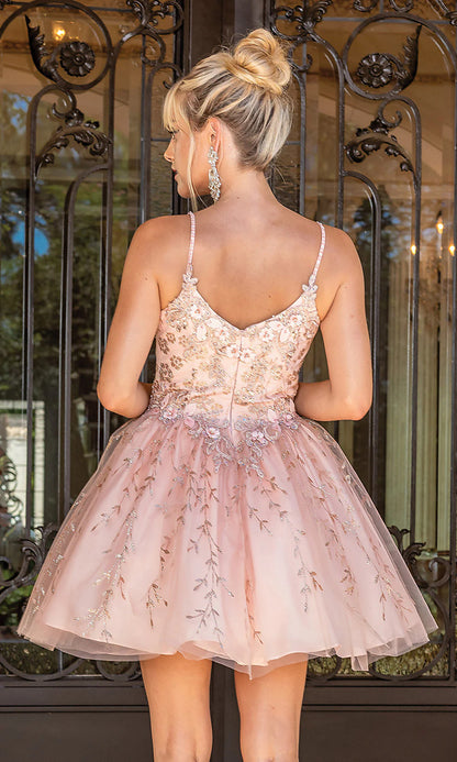 Whimsical A Line V Neck Spaghetti Strap Low Back Floral Embroidered Tulle Short Homecoming Dress for Formal Events