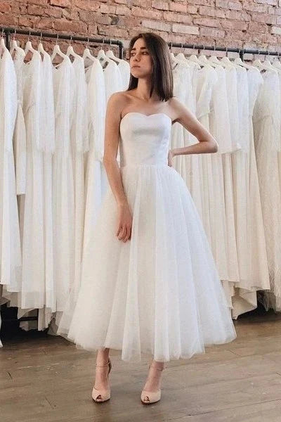 Vestidos de novia blancos hasta los tobillos sin tirantes de tul y satén 