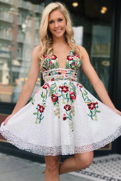Vestidos de fiesta con escote en V y estampado floral, vestidos de cóctel cortos sin espalda 