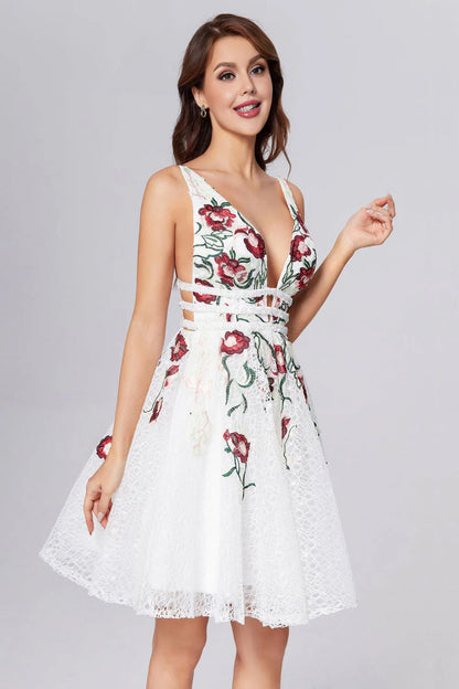 Vestidos de fiesta con escote en V y estampado floral, vestidos de cóctel cortos sin espalda 