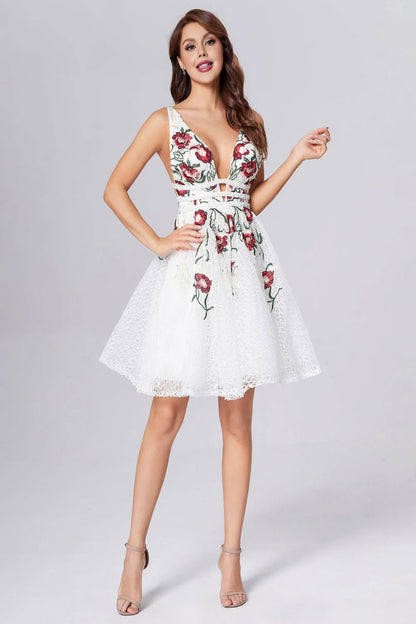 Vestidos de fiesta con escote en V y estampado floral, vestidos de cóctel cortos sin espalda 