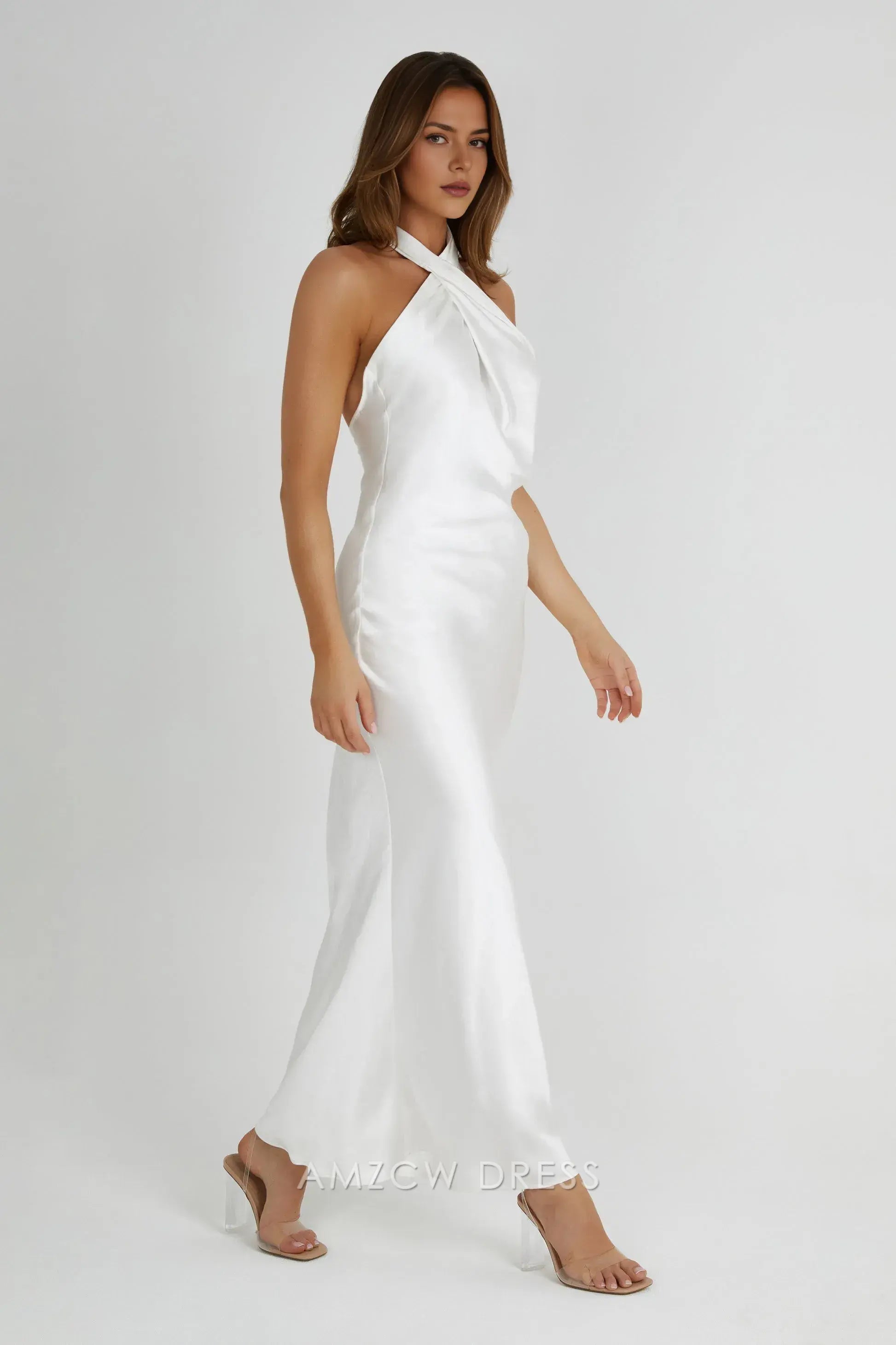 White Satin Halter - Neck Maxi Dress with Open Back