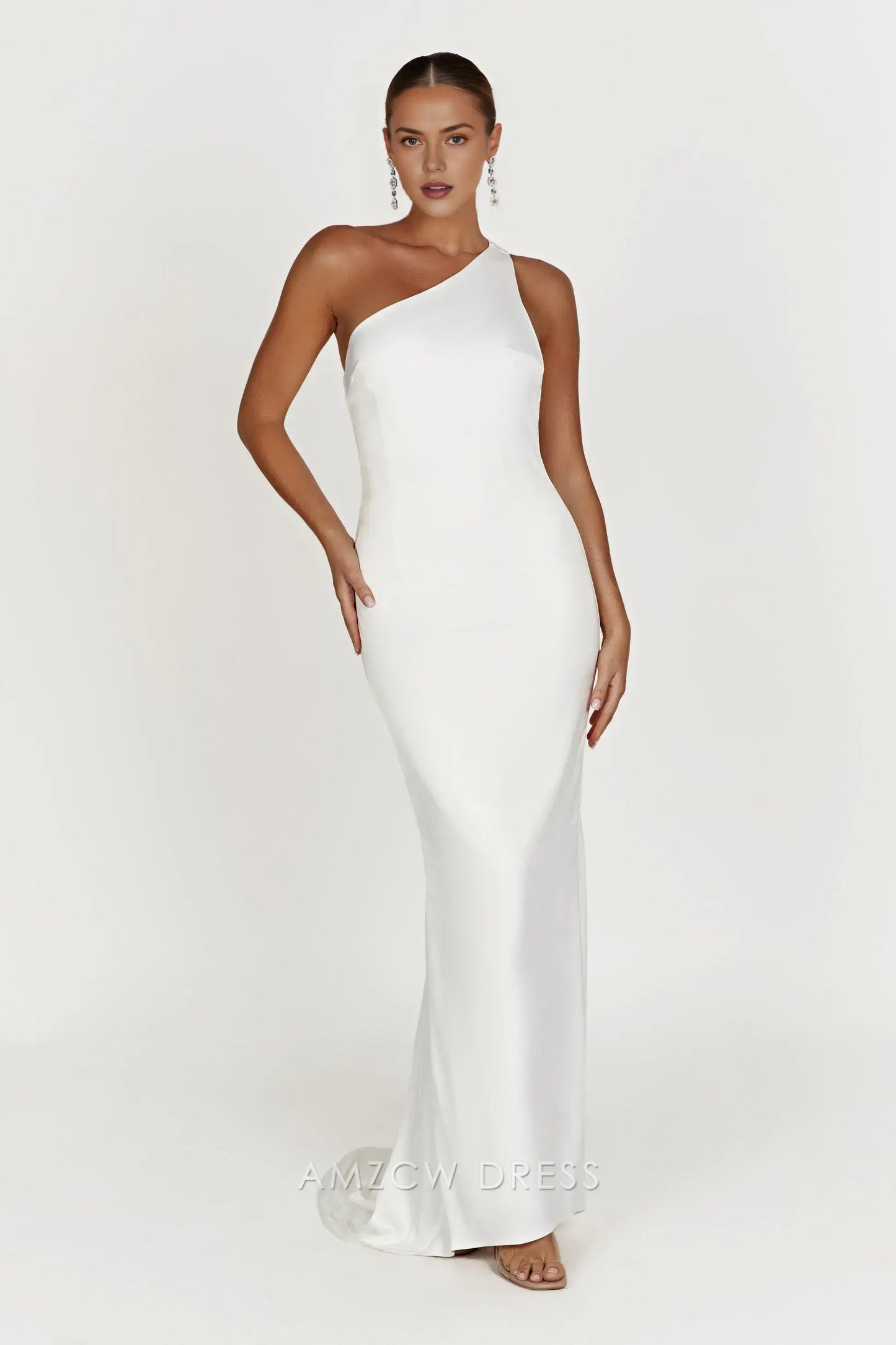 Elegant White Satin One - Shoulder Maxi Dress with Open Back (Regular & Plus Size) Prom Dress