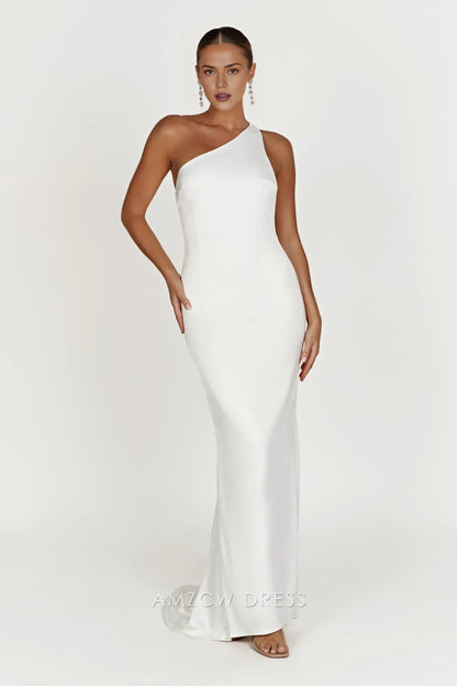 Elegant White Satin One - Shoulder Maxi Dress with Open Back (Regular & Plus Size) Prom Dress