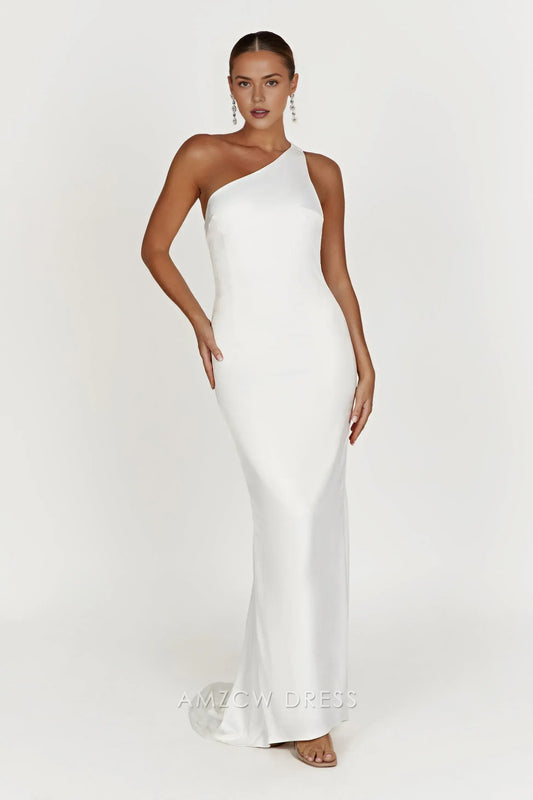 Elegant White Satin One - Shoulder Maxi Dress with Open Back (Regular & Plus Size) Prom Dress