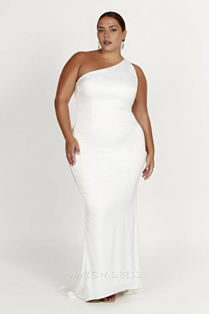 Elegant White Satin One - Shoulder Maxi Dress with Open Back (Regular & Plus Size) Prom Dress