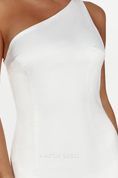 Elegant White Satin One - Shoulder Maxi Dress with Open Back (Regular & Plus Size) Prom Dress