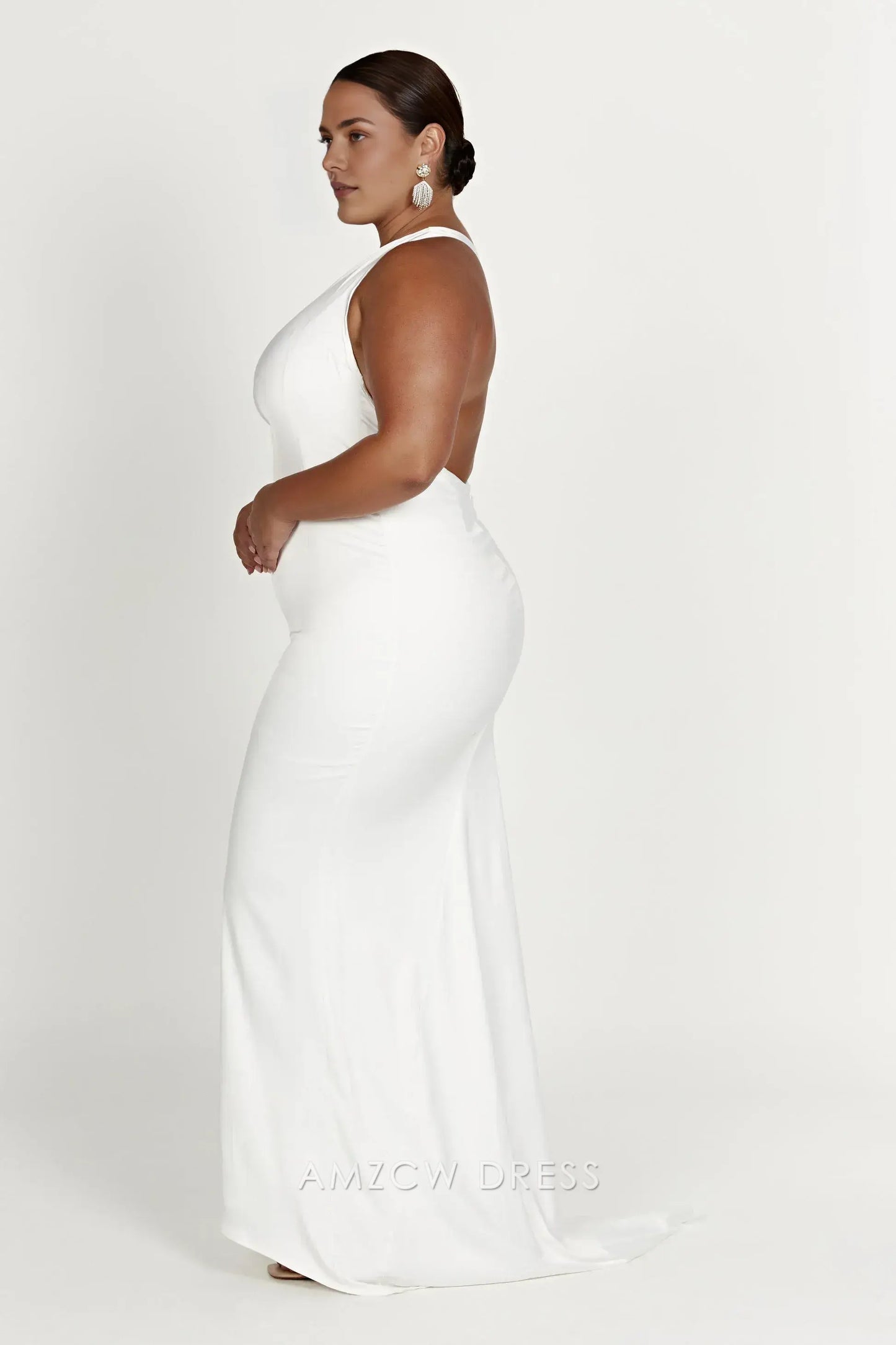 Elegant White Satin One - Shoulder Maxi Dress with Open Back (Regular & Plus Size) Prom Dress