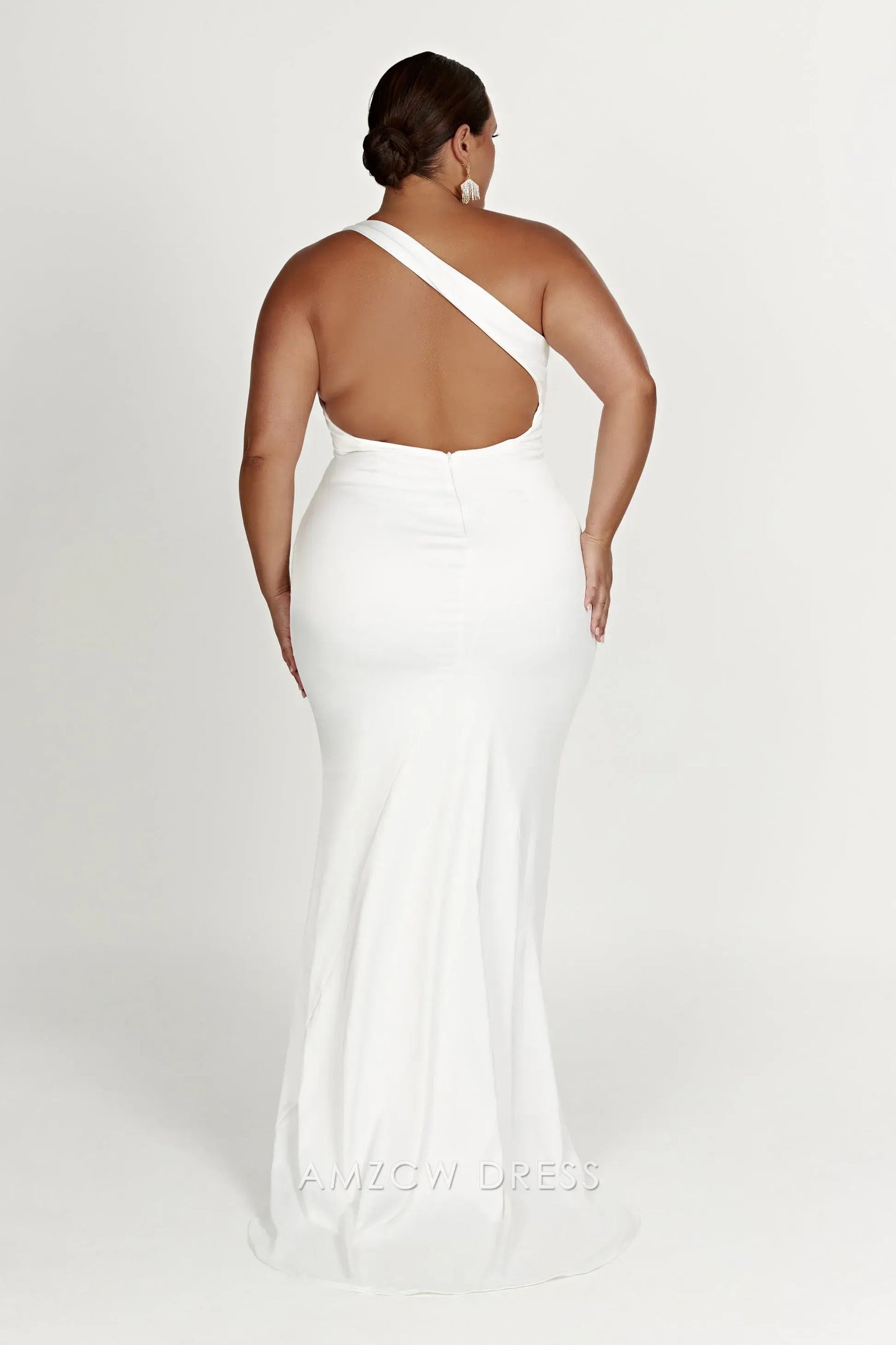 Elegant White Satin One - Shoulder Maxi Dress with Open Back (Regular & Plus Size) Prom Dress