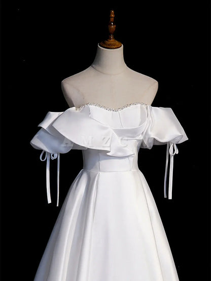 Vestidos de fiesta largos de satén blanco de corte A de Amzcw, vestidos de noche blancos, vestido de fiesta en tienda 