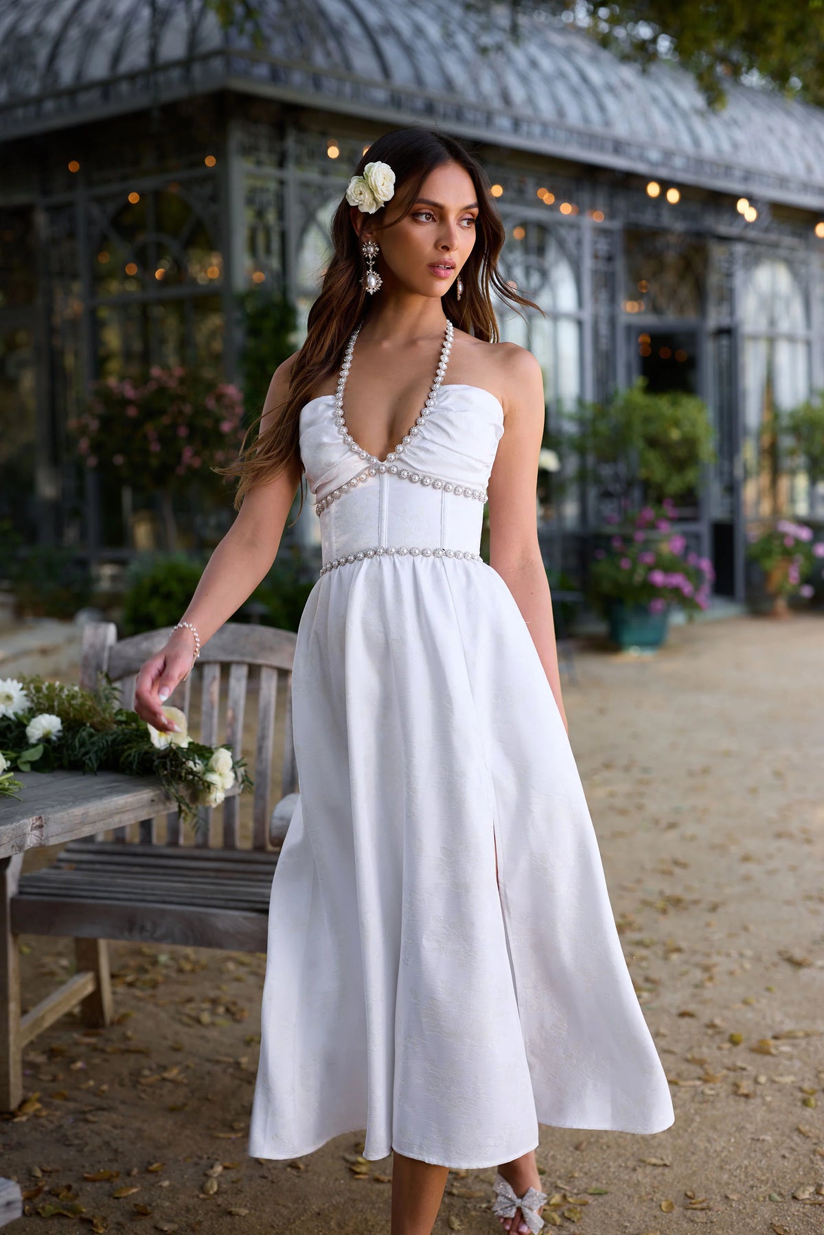 White Beaded Halter Neck Lace-Up Back Midi Evening Dress with Slit