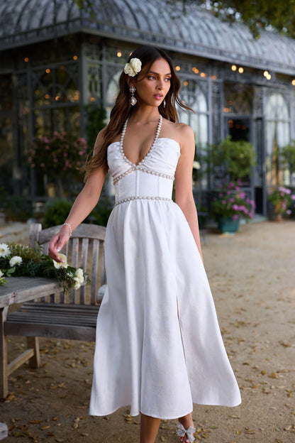 White Beaded Halter Neck Lace-Up Back Midi Evening Dress with Slit