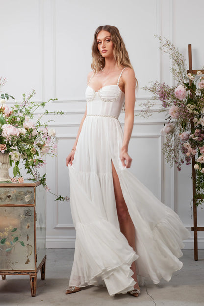 White Beaded Sweetheart Neckline Tiered Slit Maxi Evening Dress