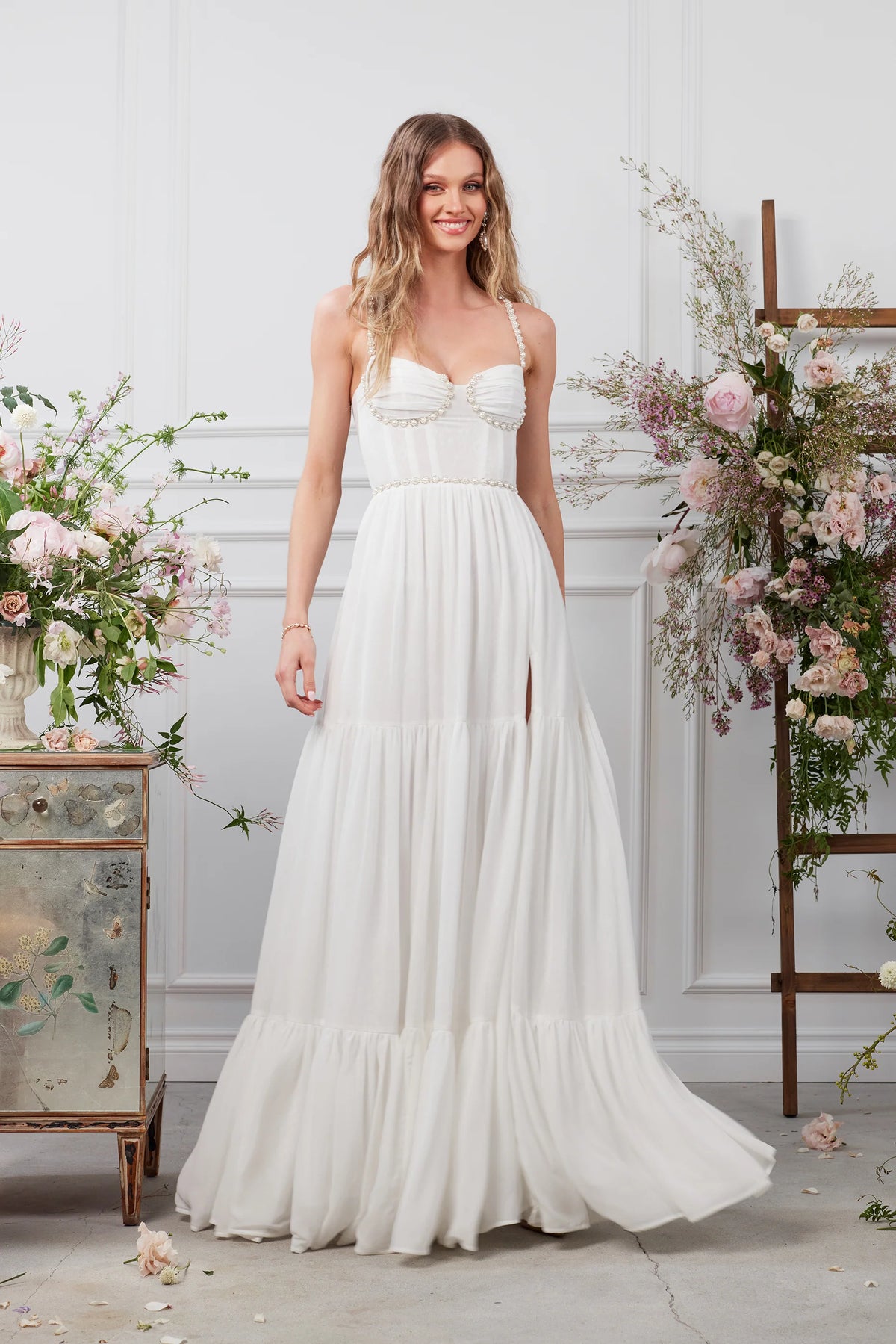White Beaded Sweetheart Neckline Tiered Slit Maxi Evening Dress