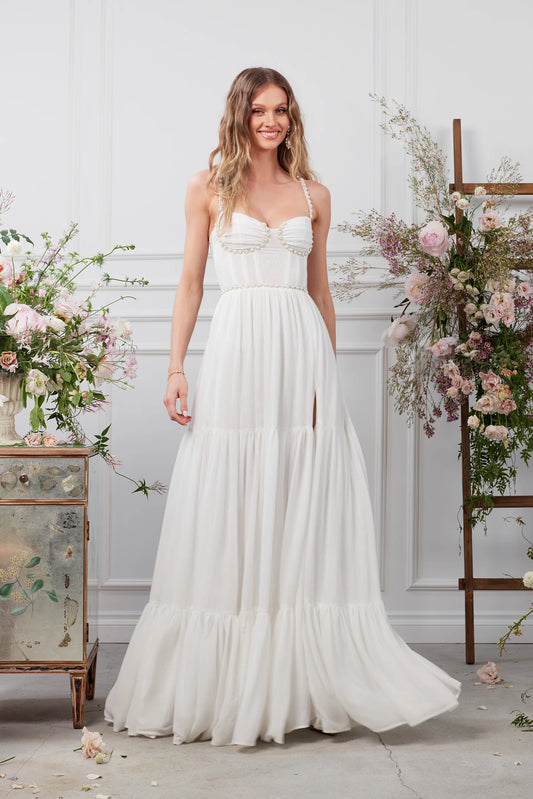 White Beaded Sweetheart Neckline Tiered Slit Maxi Evening Dress