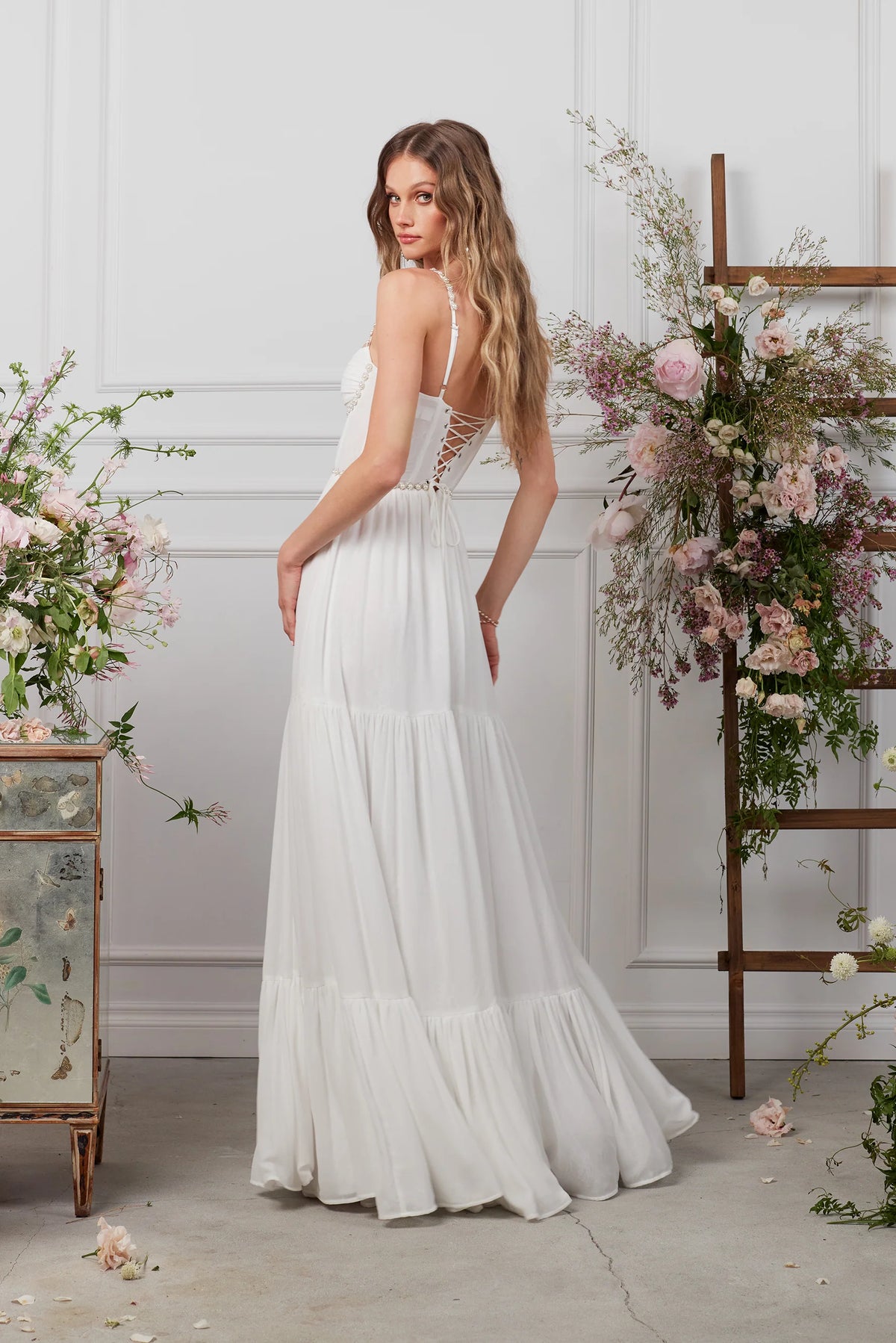 White Beaded Sweetheart Neckline Tiered Slit Maxi Evening Dress