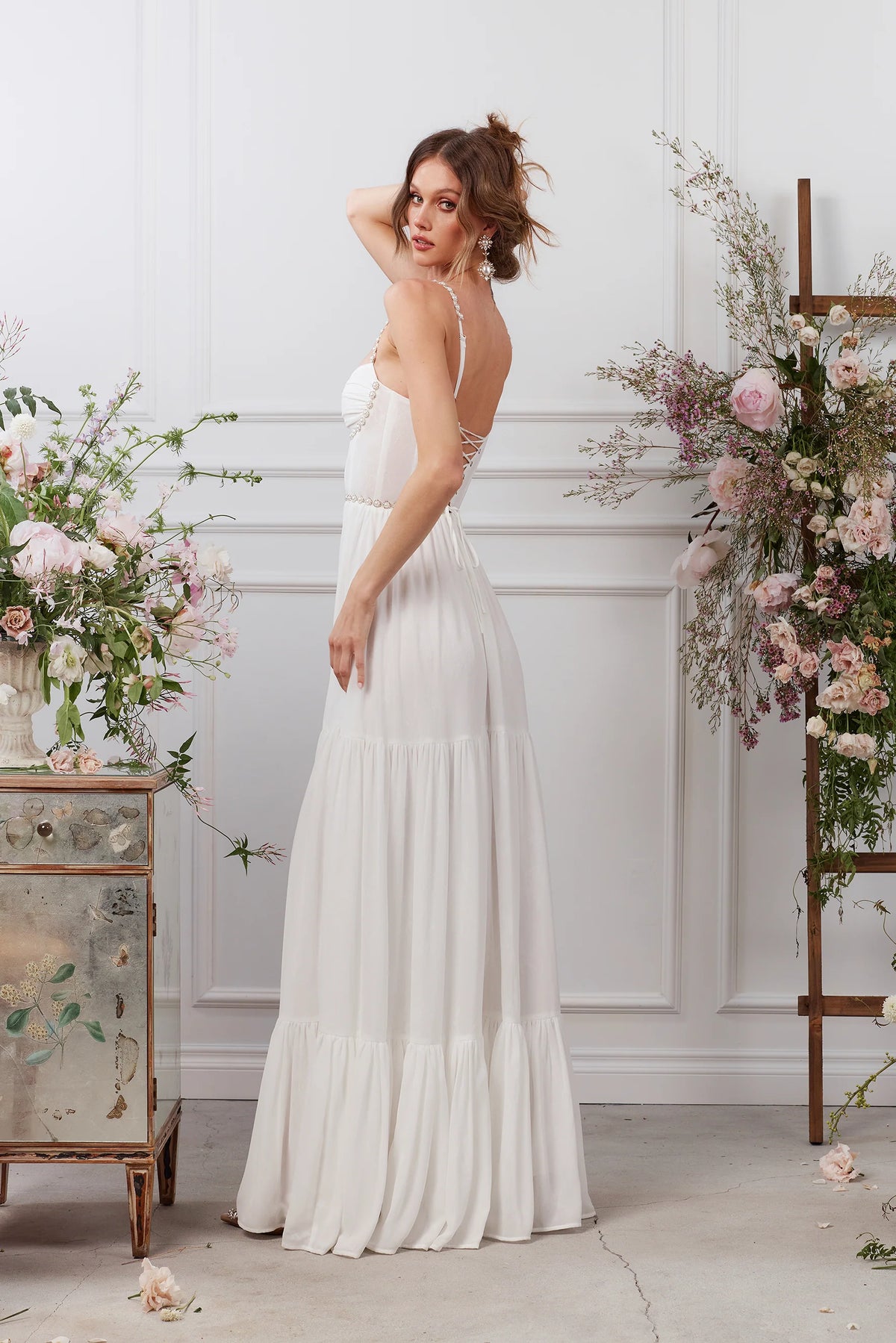 White Beaded Sweetheart Neckline Tiered Slit Maxi Evening Dress