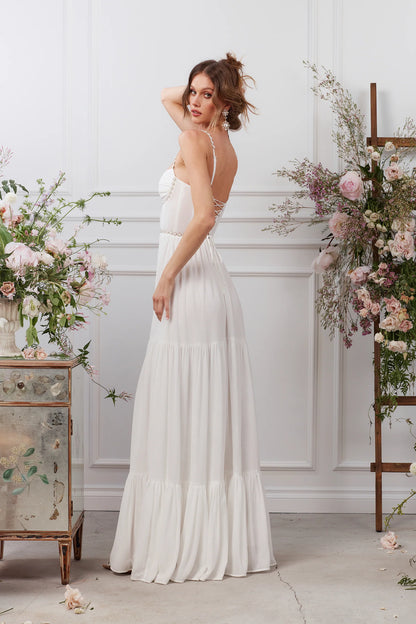 White Beaded Sweetheart Neckline Tiered Slit Maxi Evening Dress