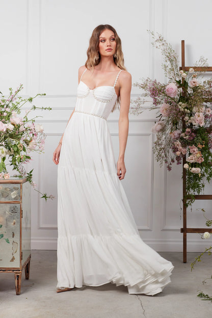 White Beaded Sweetheart Neckline Tiered Slit Maxi Evening Dress