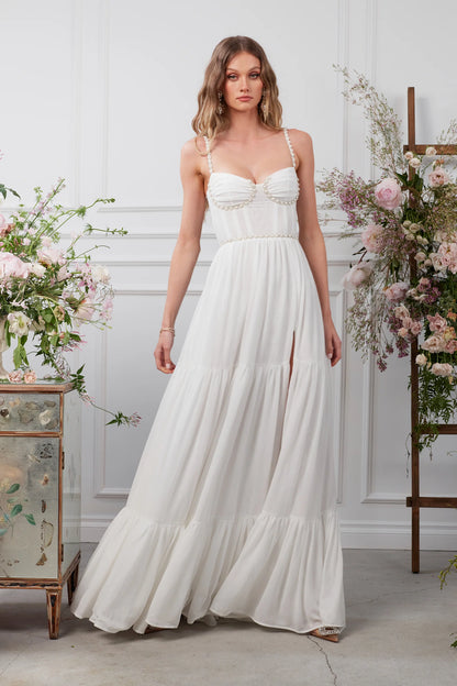 White Beaded Sweetheart Neckline Tiered Slit Maxi Evening Dress