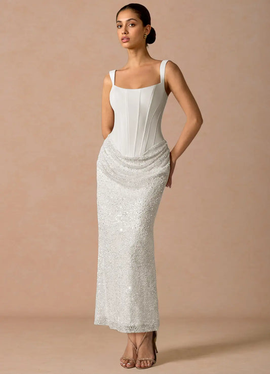 White Corset Mermaid Prom Dress with Sequin Beaded Skirt and Lace Up Back for Formal Events and Evening Occasions