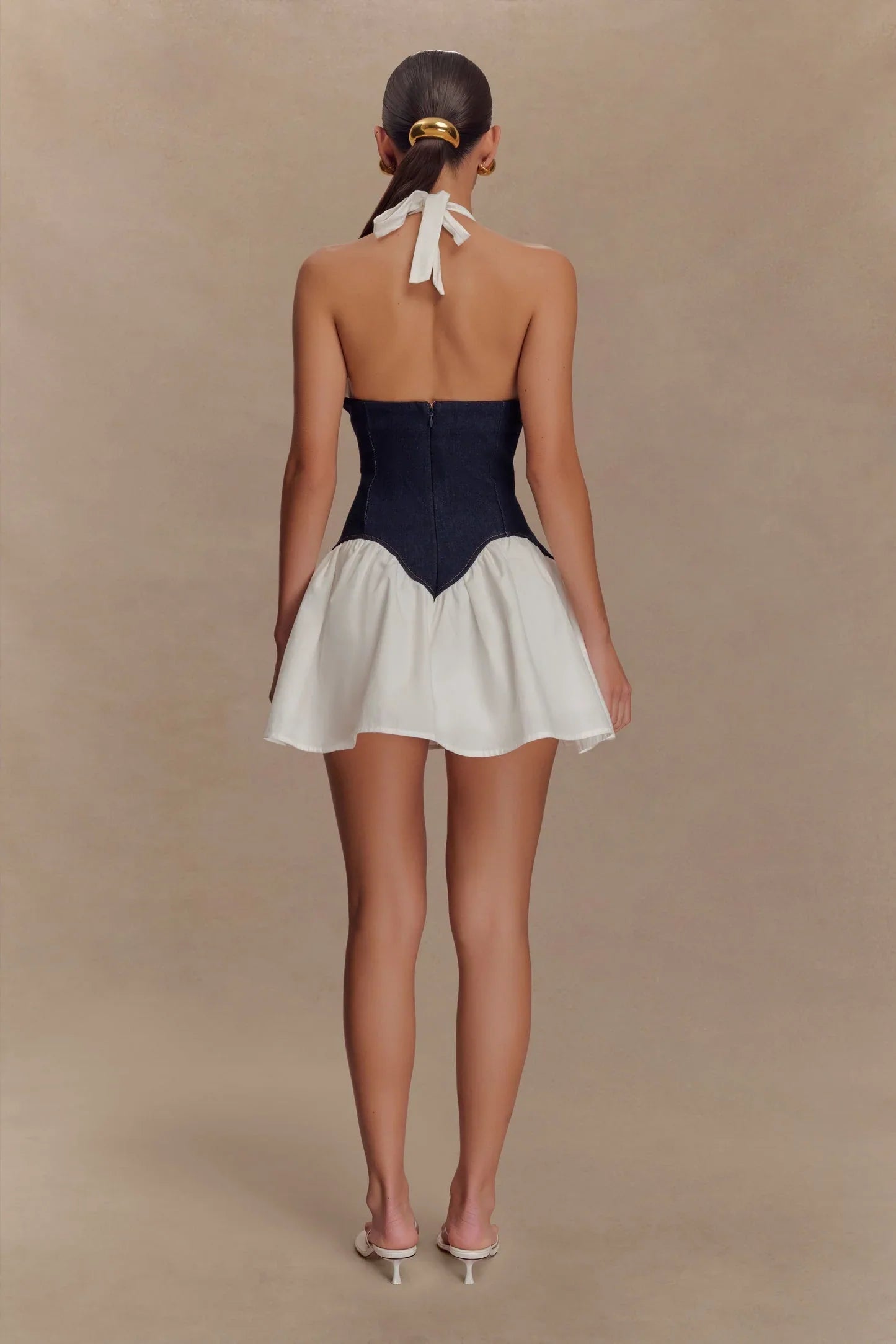 White Denim Halter Neck Corset Flounce Hem Two Tone A Line Mini Homecoming Dress