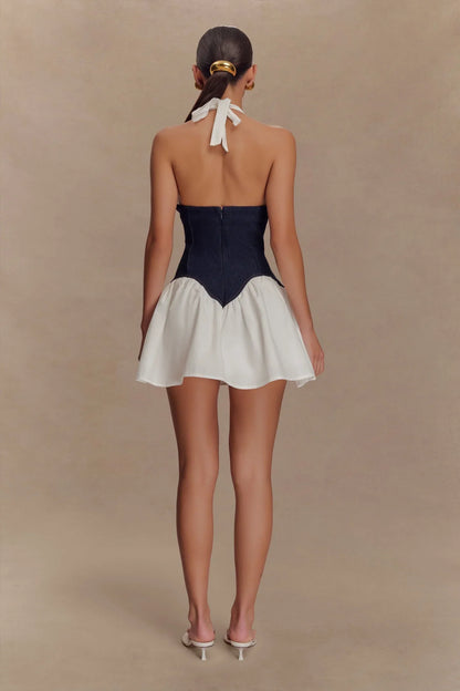 White Denim Halter Neck Corset Flounce Hem Two Tone A Line Mini Homecoming Dress
