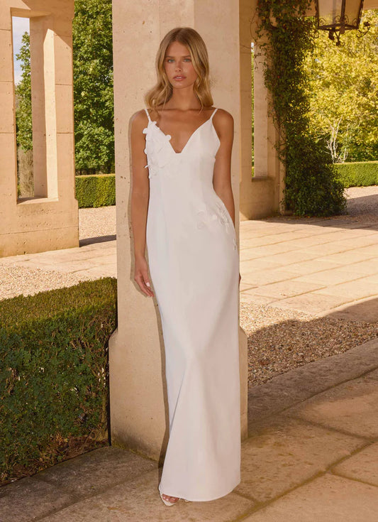 White Floral Applique Spaghetti Strap V-neck Backless Maxi Prom Dress