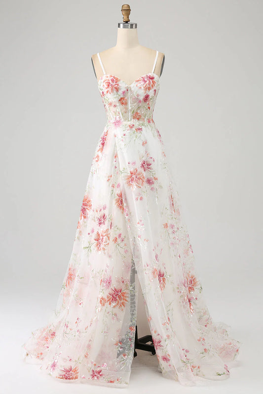 White Floral Embroidered Sequin Spaghetti Strap A-Line Prom Dress with Slit